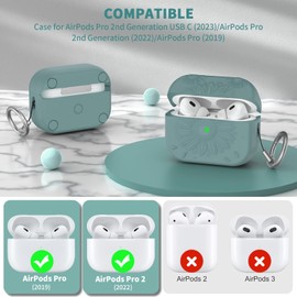 TUDIOW for AirPods Pro 2nd/1st Generation Case, Magnetic Lid Compatible with MagSafe, Flower Engraved Airpods Pro 2&1 Gen Soft Silicone Protective Cover with Cleaner Kit&Keychain&Lanyard(Pine Green)