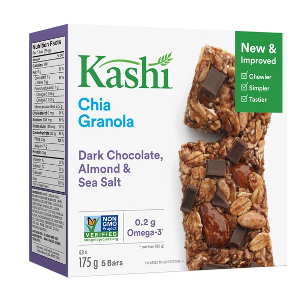 Kashi Chia Chocolate Almond and Sea Salt Chewy Granola Bar Non-GMO 5 Bars, 175 Gram/6.17 Ounces box {Imported from Canada}