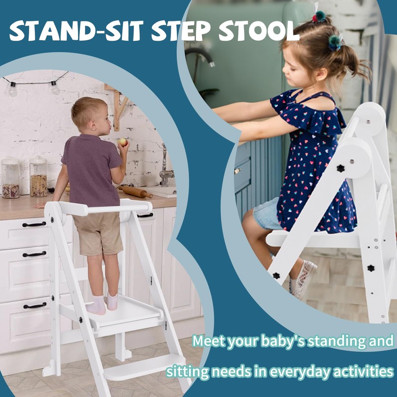 Foldable Toddler Tower, 3 Adjustable Height Toddler Standing Tower, Wooden