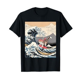 Japanese Wave Cat Surfing Ukiyo-e Style, Art Parody Gift T-Shirt