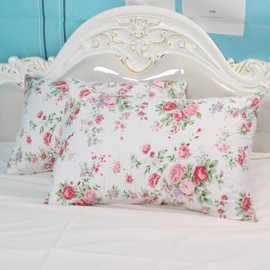 White 400 Thread Count Cotton Pillowcase Set, Red Flower Printed Standard Size Fade Resistant Pillow Covers