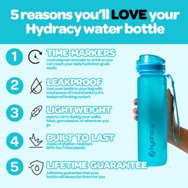 Hydracy Water Bottle with Times to Drink & Straw - Large 1 Litre BPA Free Motivational Water Bottle & No Sweat Sleeve -Leak Proof Gym Bottle with Time Marker - Ideal for Fitness, Sports & Outdoors