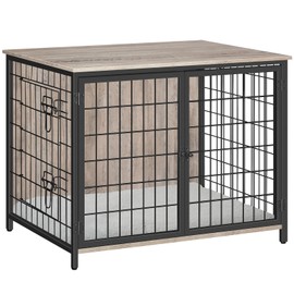 MAHANCRIS Dog Crate Furniture with Cushion, Wooden Dog Kennel with Double Doors, Heavy Duty Dog Cage for Small/Medium/Large Dogs, Indoor Dog House End Table, 31.5" L, Greige DCHG0701