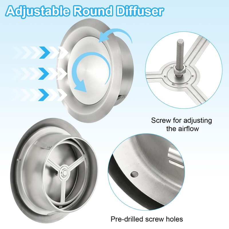 PATIKIL 6 Inch Round Ceiling Diffuser, 304 Stainless Steel Adjustable