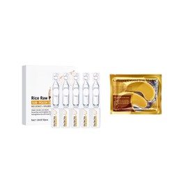 Ampolletas de Suero Facial con Ácido Hialurónico y Extracto de Arroz, Hidratación Intensiva y Aclarado de Piel, 1.9ml, 10 Piezas, Incluye Un Par de Parches Para Ojeras 24k Gold