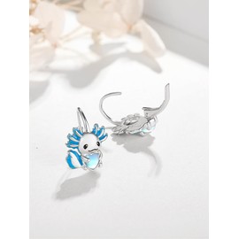Dreamboat Blue Axolotl Leverback Earrings for Women 925 Sterling Silver Moonstone Stitch Animal Dangle Drop Hoop Jewelry Gifts for Axolotl Lovers