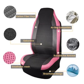 Flying Banner car seat Covers Quality Carbon Fiber Air Mesh Fabric Sport Low High Back Bucket Back Pocket Arm Rest (2 Fronts - High Bucket, Pink)