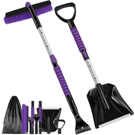 Odoland Ice Scraper with Snow Brush and Snow Shovel, 35" Extendable Snow Remover with Foam Grip, 360° Pivoting Brush Head for Car Windshield, Emergency Snow Scraper for SUV Truck Vehicle, Purple