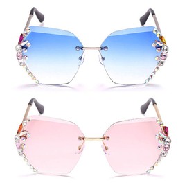 willochra 2pack Square Crystal Sunglasses Women Shades Rimless Rhinestone Sun Glasses Female Handmade diamonds Gradual Trend Party Eyewear (2pack-blue&pink)