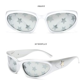 Long Keeper Wrap Around Star Y2K Sunglasses Women Men Polarized Trendy Futuristic Sunglasses Oval Sport Sun Glasses (Silver Silver Star)