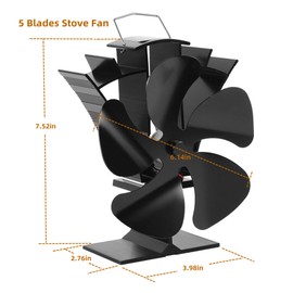 VODA Wood Stove Fan 5 Blades Newly designed Small Heat Powered Fans Fireplace Fans for Wood/Log Burner/Fireplace(Black)