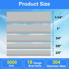 SimCos 18 Gauge 304 Stainless Steel Brad Nails 18 GA Nail Gun Nails Assorted and Small Finishing Nails for Pneumatic, Electric Brad Nailer (2/5"+5/8"+3/4"+1"+1-1/4")
