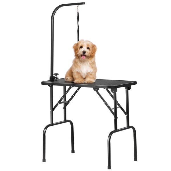 Yaheetech 32-inch Foldable Pet Dog Grooming Table with Adjustable Height Arm Drying Table for Home w/Noose for Small Dogs Cats Non-Slip Maximum Capacity Up to 220lbs Black