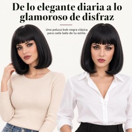 Morvally Peluca corta y recta resistente al calor con flequillos rojos de aspecto natural para disfraz de cosplay, pelucas diarias, 2# negro, 14''