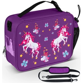 HeavenlyUnicorns Insulated Purple Unicorn Kids Lunch Bag for Girls Child with Bottle Holder, Carry Handle & Shoulder Strap, Kids Lunch Box Snack Box Tote Cooler Bag for School Picnic Outdoor or Work