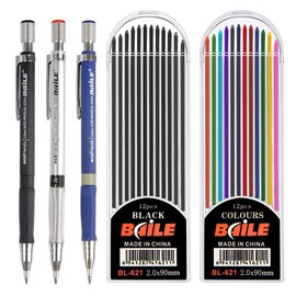 CYH Mechanical Pencil Set 2mm 3 Mechanical Pencils Blue Black and Silver 24 Leads in Color and Black for Drawing Projects Writing Making Artistic Drawing