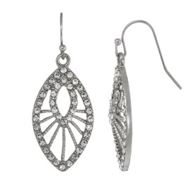 1928 Jewelry Art Deco Style Double Marquise Multi Crystal Filigree Drop Earrings, Silver Tone