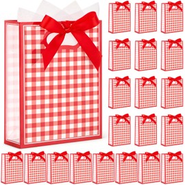 Eaasty 20 Pcs Red Gingham Gift Bags with Bow 10.23 x 7 x 3