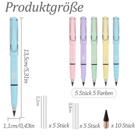 Altaroo Pack of 5 Pencils, Eternal Pencil, 5 Colours, Infinity Pencil with Eraser, 10 Interchangeable Heads, Metal Infinity Pencil for Writing and Drawing for Children and Adults