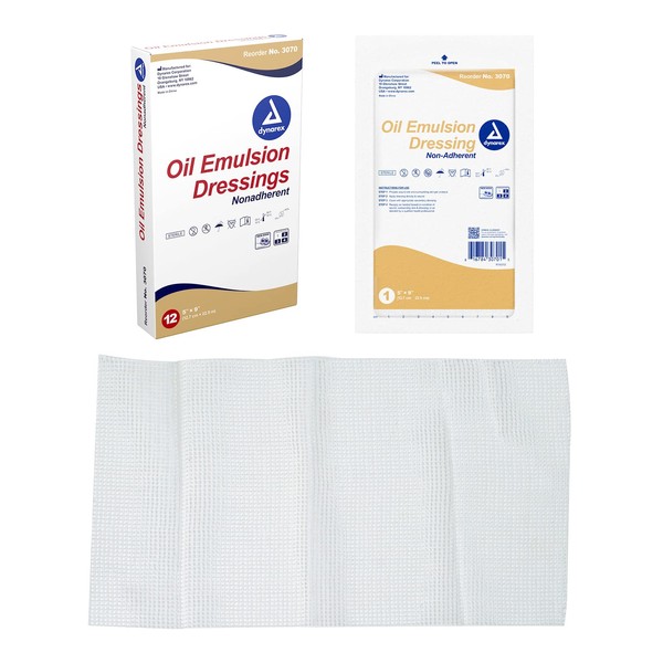 Dynarex Oil Emulsion Dressings, Wound Care, Absorbent, 5” x 9” Sterile Knitted Gauze Dressing with Emulsion Blend of Petrolatum and Sunflower Oil, 1 Box of 12 Oil Emulsion Dressings