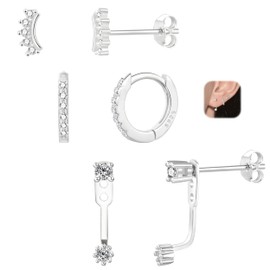 SILBERTALE 925 Sterling Silver CZ Stud Huggie Hoop Earring Set 3 Pairs Helix Cartilage Earrings Set for Multiple Piercings Hypoallergenic Jewellery for Women