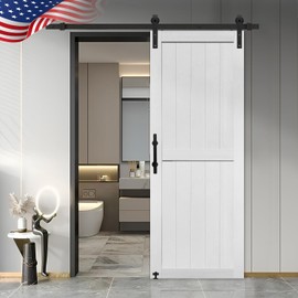 S&Z TOPHAND® 30in x 80in MDF Barn Door with 5FT Sliding Door Hardware Kit, 24-60in Solid Barn Door Slab Covered with Water-Proof PVC Surface, (J Shape)
