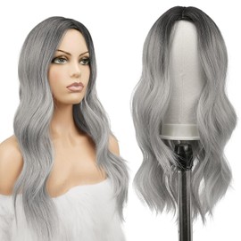 Peluca Ondulada Rizada de Ombre, Transpirable, Suave y Cómoda con Red para el Cabello, Peluca de Fibra Sintética Resistente al Calor para Uso Diario de Cosplay de Fiesta de Halloween (Negro y Gris)