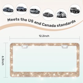 QUANQIUFEI 2 Pack Bling License Plate Frames, Sparkly Rhinestone Diamond Car License Plate Cover for Women, Stainless Steel Car Accessories with Glitter Crystal Caps (Light Peach)