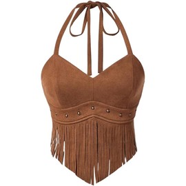 Breoklla Country Concert Outfit for Women Fringe Western Rodeo Cowgirl Shirts 70s Hippie Tops with Tassel（2406B,Brown,L）