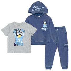 Bluey Toddler Boys Fleece Waffle Knit Pullover Hoodie T-Shirt and Jogger Pants 3 Piece Outfit Set Blue/Gray 4T