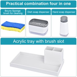 SUBEKYU Soap Dispenser for Kitchen Sink, Kitchen Hand and Dish Soap Dispenser Set with Sponge Holder, Plastic Soap Dispenser with Tray, Grey+White, Not Included Brush
