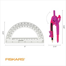 Fiskars Plastic Compass and Protractor Set - Math Geometry Set for Kids 8+ - Back to School Supplies - Includes Pencil - Color May Vary
