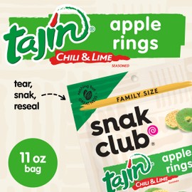Snak Club Tajin Apple Rings Gummy Candy, Fruit Candy Gummies with Chili and Lime Seasoning, Mild, Gluten-Free and Vegan Snacks, 11 oz Resealable Bag