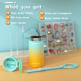 Kids Water Bottle, 12oz Water Bottles Kids with Straw and Stickers, Stainless Steel Vacuum Double Wall Insulated cup, Kids Water Bottle for School, Gifts for Girls(Yellow and Green)