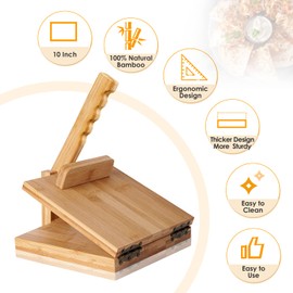Tortilla Press 10 Inch Roti Maker Large Bamboo Wood Tortilla Press with Rolling Pin &100 Pcs Parchment Paper Quesadilla Maker for Homemade Tortilla, Roti