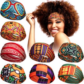 WILLBOND 8 Pcs Wide African Headband for Women Stretchy Boho Print Hairband Non Slip Headwrap Elastic Turban Head Grip Band for Women Yoga Workout Running Hair Accessory(Classic Pattern)