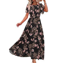 Simplee Womens Summer Wedding Guest Dresses Floral A line High Waist Wedding Guest Long Dress Smocked Vacation Travel Midi Sun Dress(Black Pink M)