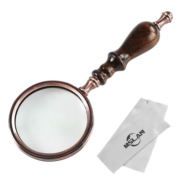 MSLAN Magnifying Glass,10X Antique Copper Handheld with Wooden Handle and Real Glass,Best Reading Magnifier for Elderly,Macular Degeneration