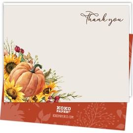 Koko Paper Co Fall Thank You Cards with Pumpkin and Sunflowers | 25 Flat Cards and 25 Bright White Envelopes | Printed on Heavy Card Stock.