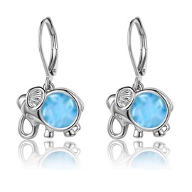 Larimar Gemstone Elephant Leverback Earrings for Women Hypoallergenic Jewelry White Gold Plated Blue Dangle Earings