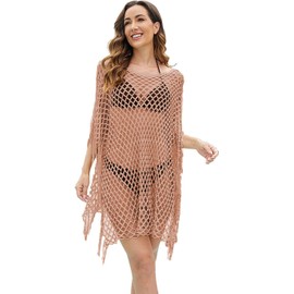 FairyCity Crochet Mesh Beach Cover Up Poncho with Fringe, Rose Gold, Fishnet Pattern Boho Style