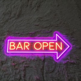 Bar Open Neon Sign Decorations For Bar Arrow Decor Led Light LARGE 24x10" - Remote Included Neon Open Signs for Business Wall Bars Pub signs For Man Cave Restaurants Sign (Orange and Purple, 24x10'')