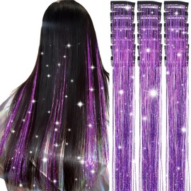 Obinying Clip in Hair Tinsel Pack of 18 Pcs Hair Tinsel Clip in 20.5 Inch Glitter Tinsel Hair Extensions Fairy Hair Tinsel Kit Clip in Party Festival Hair Accessories for Girls Women Kids (Purple)