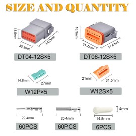 Deutsch DT Grey 12 Pin Connectors 5 Sets, Waterproof Electrical Wire Connector with Stamped Contacts and Seal Plug for Truck, Off-Road Vehicles, Construction, Agriculture, Marine, Motorcycle Wiring