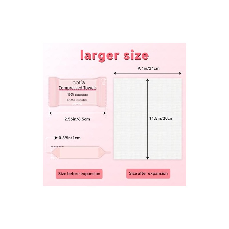 ICOTLE 50 Pcs Compressed Towels - Soft Portable Wash Cloths
