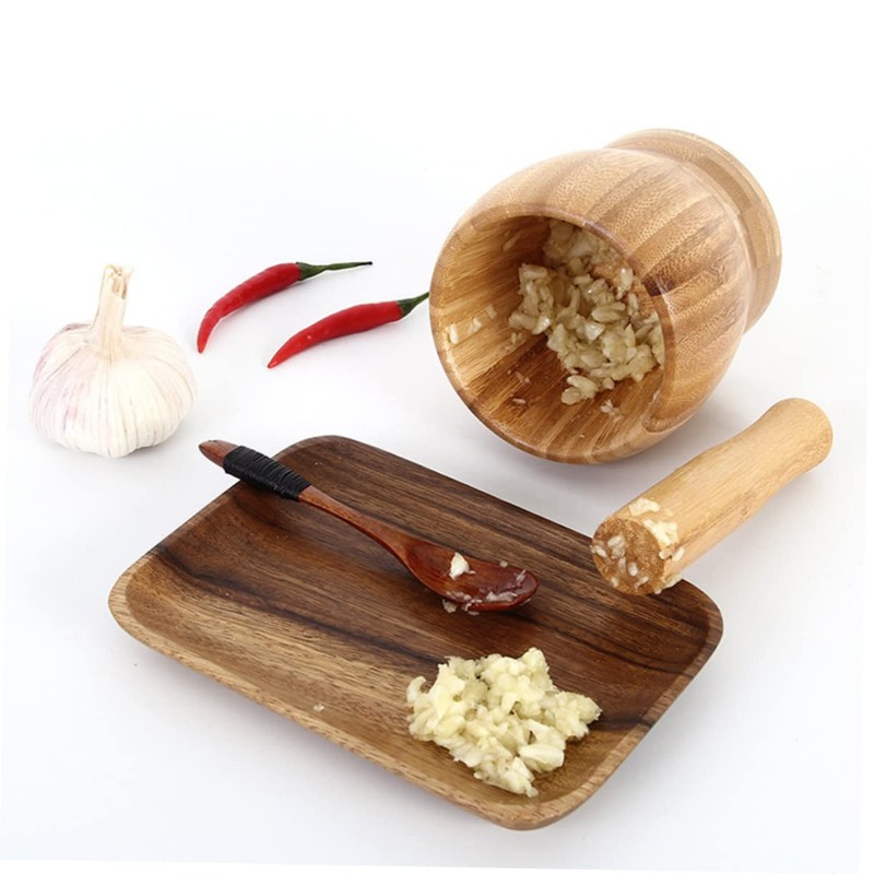 LABRIMP -in-one Garlic Press Set Bamboo Pot Pestle Food Garlic