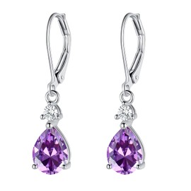 925 Sterling Silver Natural Amethyst Teardrop Leverback Earrings|7 * 9mm Pear Shaped Drop Dangly Earring Hypoallergenic Jewelry for Women