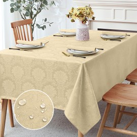 Romanstile Jacquard Rectangle Tablecloth - Waterproof Elegant Vienna Damask Pattern Table Cloths Washable Polyester Decorative Table Covers for Dinner/Parties/Outdoor - 60 x 144 Inch, Beige