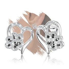 Sterling Sliver Paw-Print Heart-Shaped Stud Earrings for Women Hypoallergenic Cubic Zirconia Fashion Cute Animal Pet Dog Paw Love Heart Stud Earrings for Sensitive Ears
