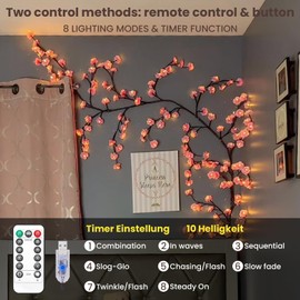 BomKra Cherry Blossoms Willow Vine Wall Decoration - 160 cm 72 LEDs Fairy Lights Wall Decoration with Remote Control, 8 Modes, USB Powered Timer, Willow Vine Tree Lights for Bedroom Decoration,